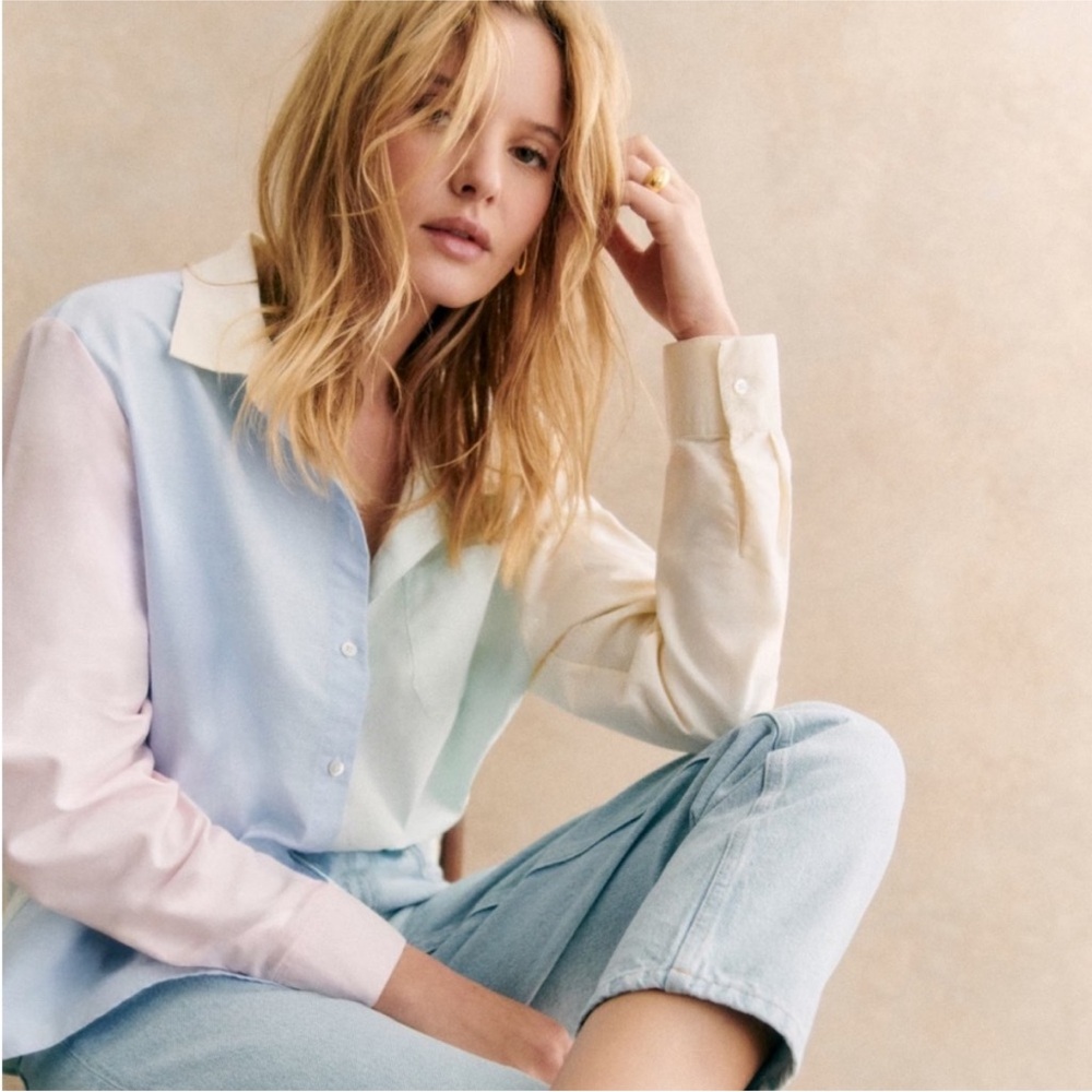 Sézane Tomboy Pastel Colorblock Button-Up Shirt size 38 or 6 Cotton Blouse Top